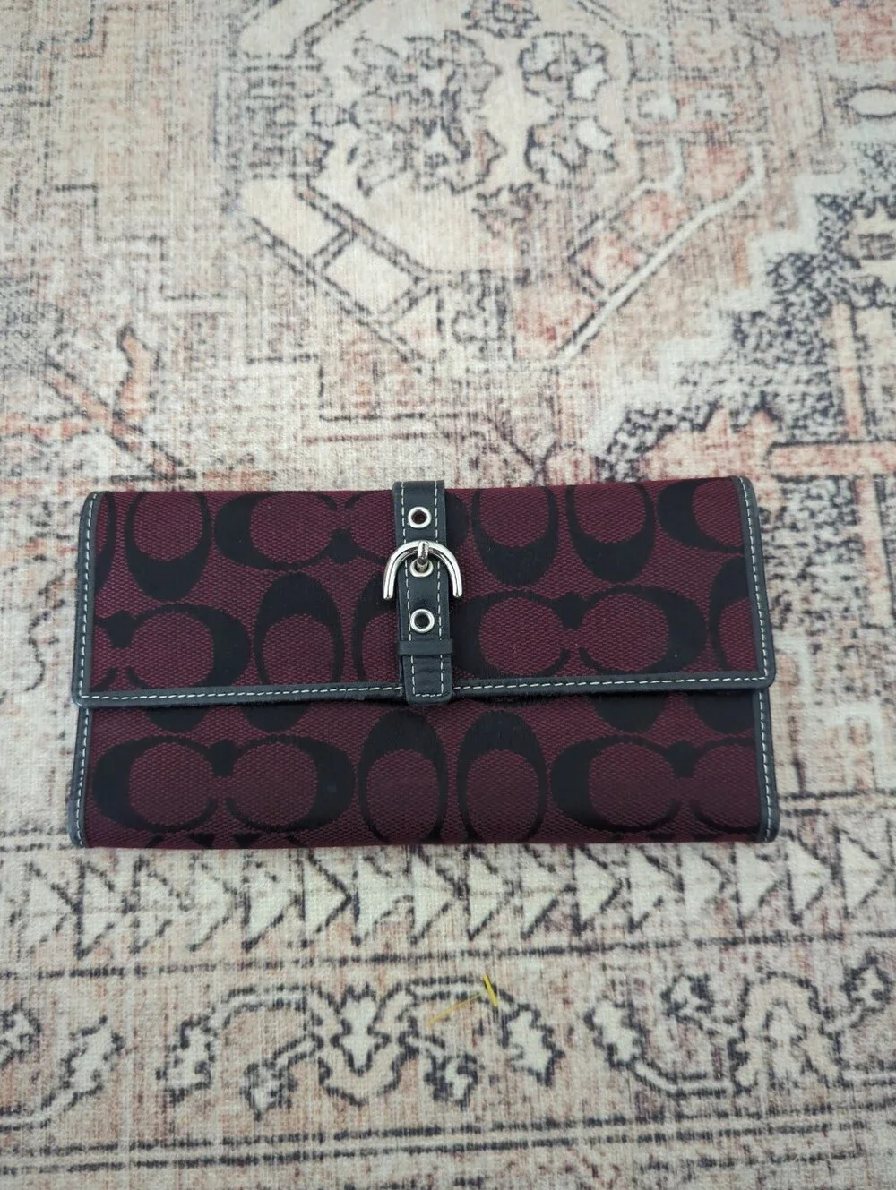 vintage Coach Soho long wallet burgundy Black Monogram Canvas Leather Interior